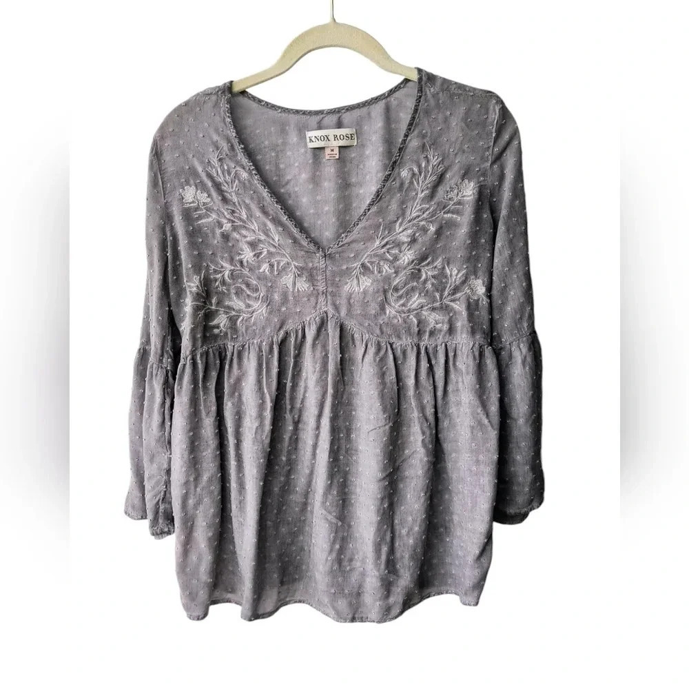 Knox Rose Women's Boho Girly Feminine Embroidered Three Quarter Sleeve Top M - Picture 2 of 9